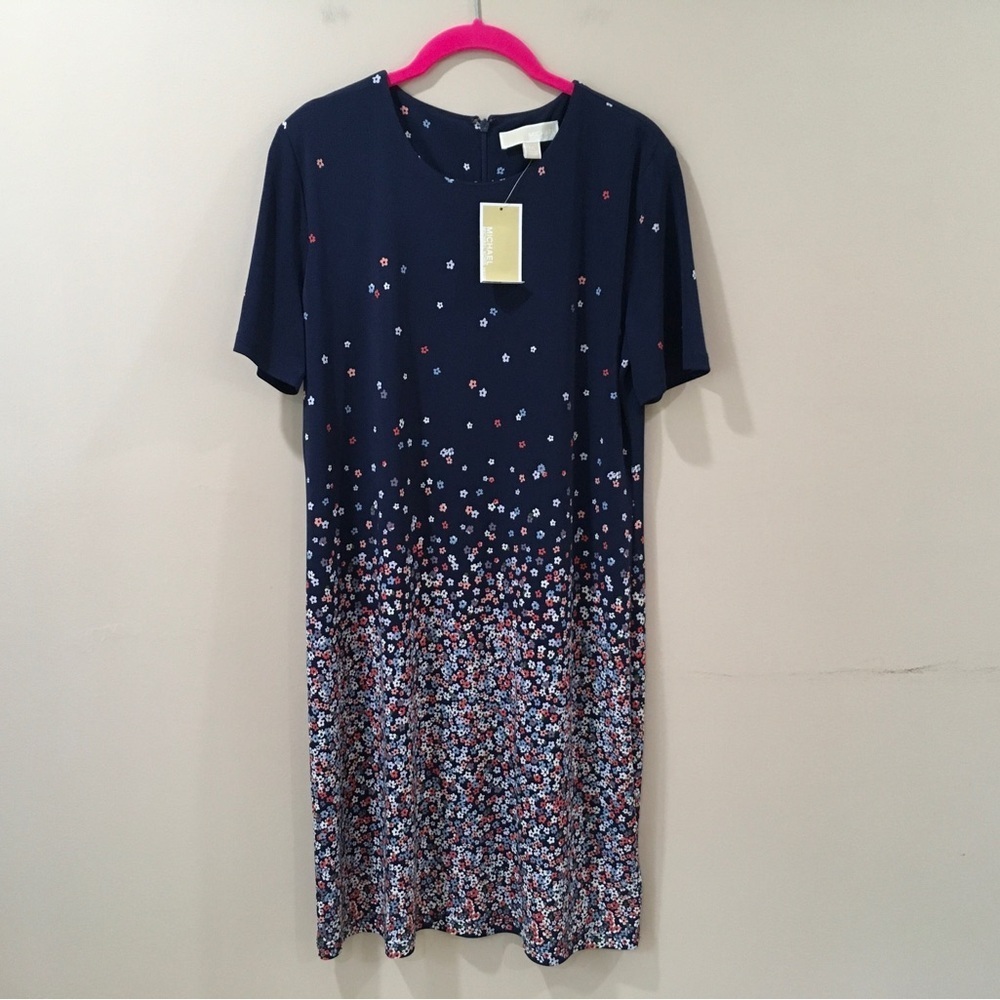 Michael Kors Mini dress Sheath Women PL Navy Blue Short Sleeve Floral Stretch